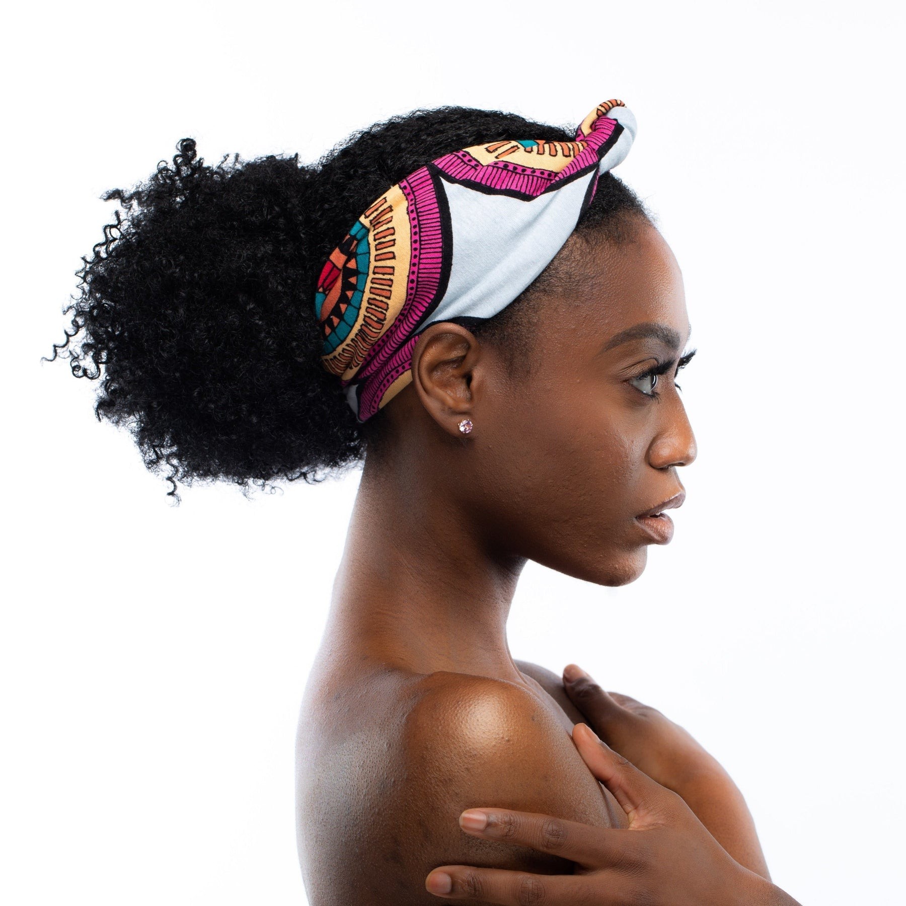 A beautiful girl wearing patterned-and-printed-headwraps